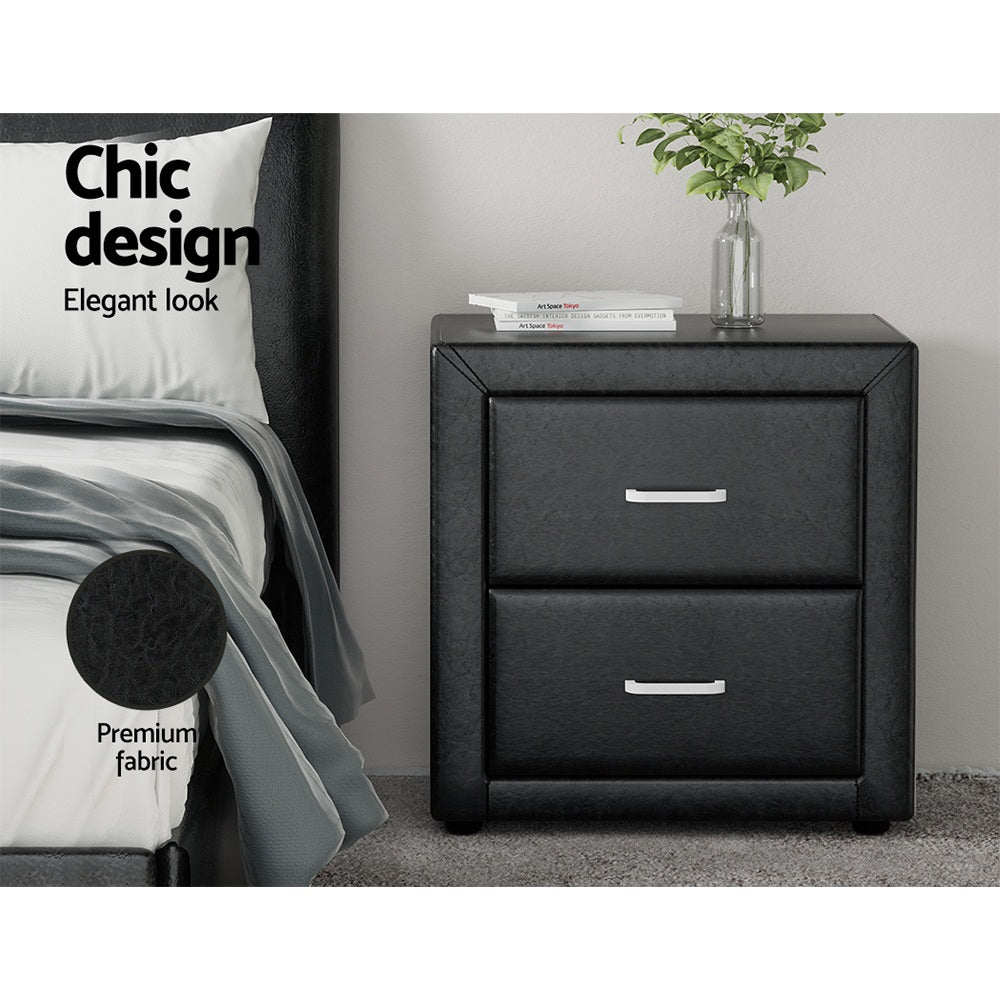 Artiss 2X Bedside Table 2 Drawers Side Table Leather - CADEN Black