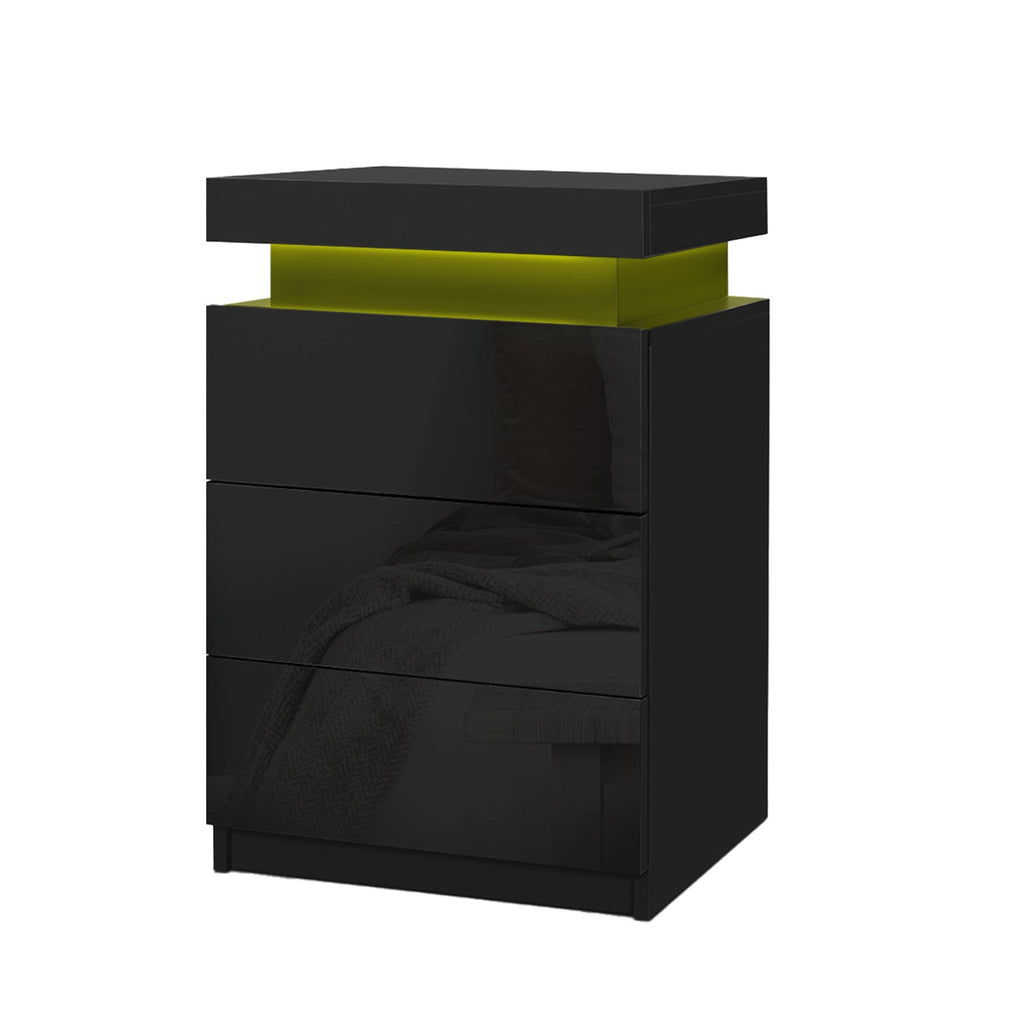Artiss 2X Bedside Table LED 3 Drawers - COLEY Black