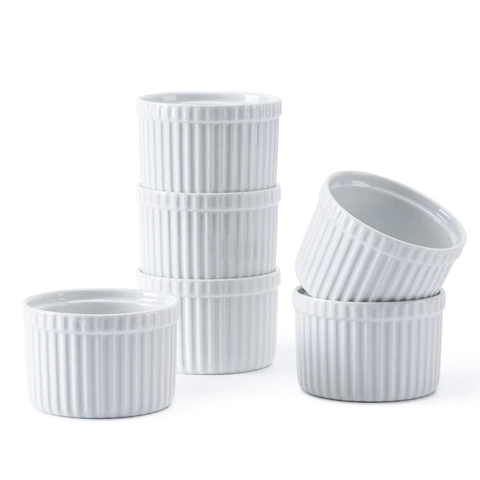 Amrules Ramekins 4 oz Ramekin Set of 6 for Creme Brulee White Ceramic Ramekins Bowls with Embossed Strips Fluted Small bowl Cups Oven Safe for Baking Custard Pudding Muffins Cake