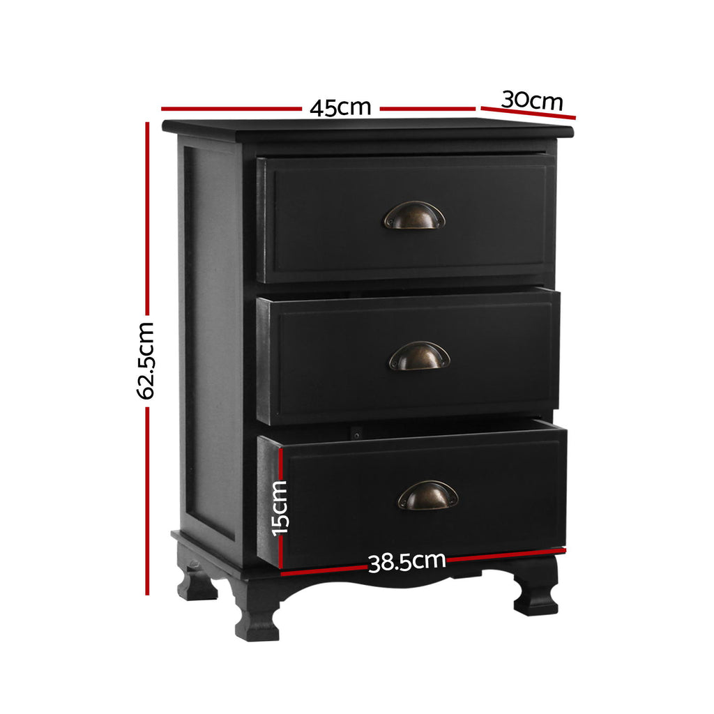 Artiss 2x Bedside Table 3 Drawers Vintage - THYME Black