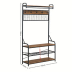 5-in-1 Entryway Hall Tree and 3 Tier Storage Bench, Pipe Style Coat Rack with 9 Hooks, Rustic Brown
