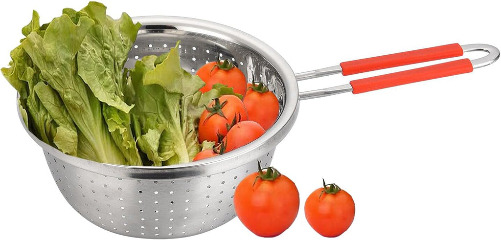 Stainless Steel Perforated Metal Colander Strainer with Long Red Handle Sieve Sifters Use for Kitchen Food Pasta Noodles Spaghetti Vegetables Silver - 7.9inch