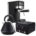 Pronti Breakfast Set with Rose Gold Kettle & Toaster with 1.2L Espresso Machine - Black