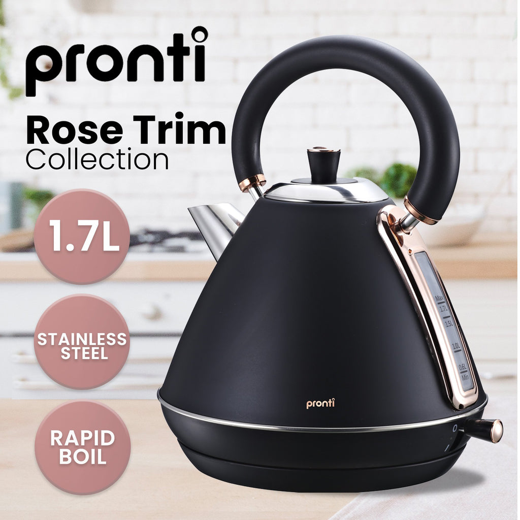 Pronti Breakfast Set with Rose Gold Kettle & Toaster with 1.2L Espresso Machine - Black