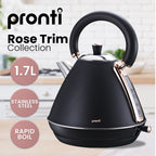 Pronti Breakfast Set with Rose Gold Kettle & Toaster with 1.2L Espresso Machine - Black