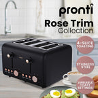 Pronti Breakfast Set with Rose Gold Kettle & Toaster with 1.2L Espresso Machine - Black