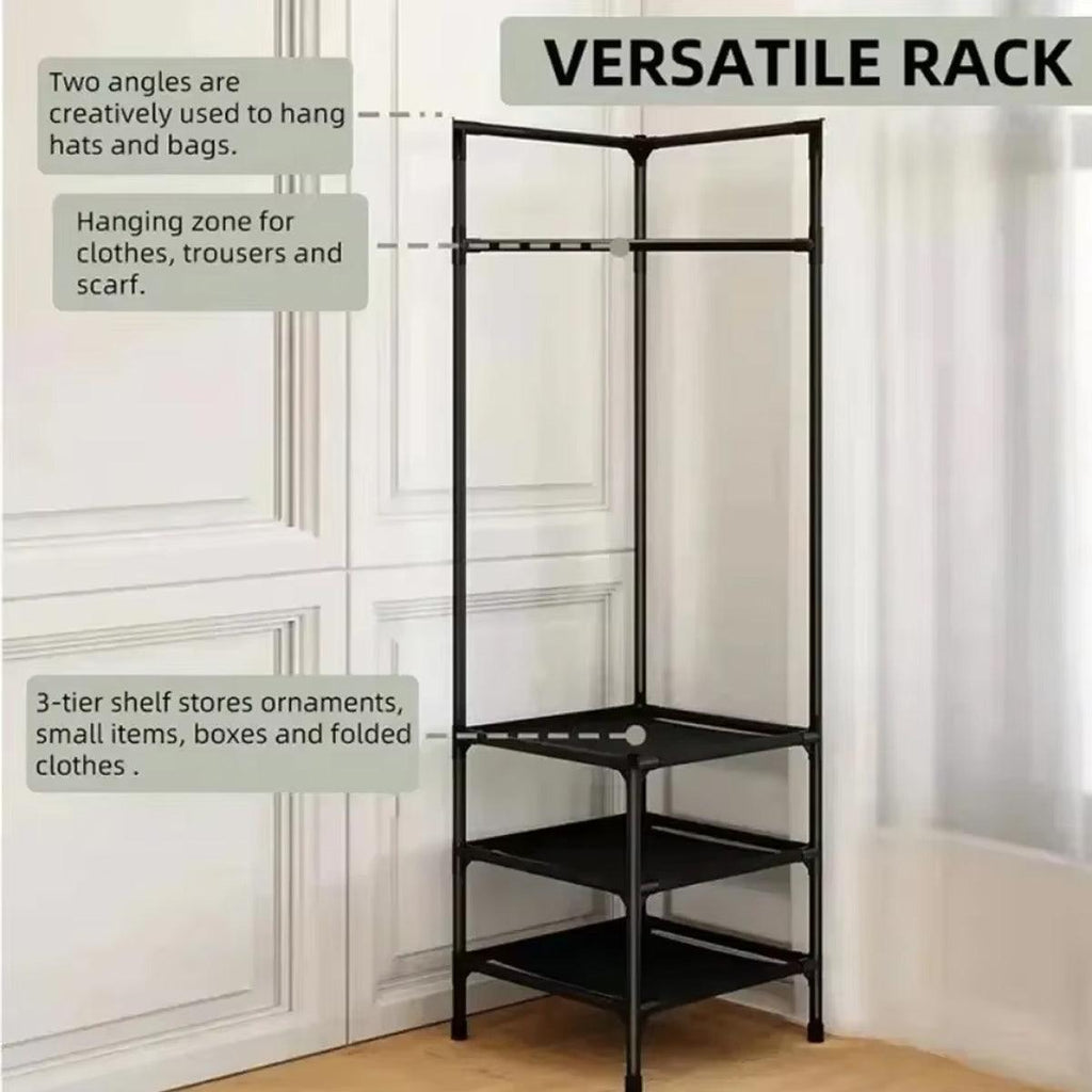 Floor Standing Corner Coat Rack Multifunctional Clothes Hanger Storage Organizer
