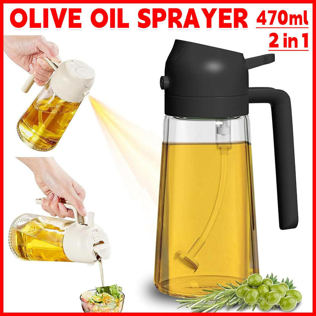 2-in-1 470ml Glass Oil Bottle Spray Pour Automatic Pressure Control Kitchen Tool - Black
