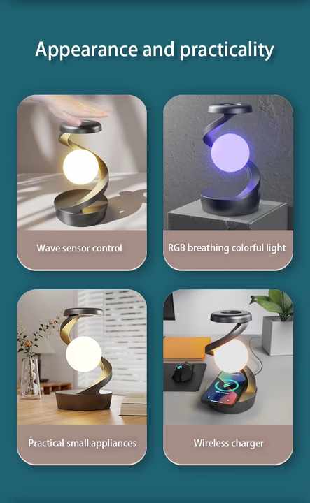 White 360° Rotating Floating Night Light - Wireless Charging Table Lamp | 7-Color RGB Atmosphere Light | USB Rechargeable for Bedroom, Bedside, Desk, Camping, and Party Décor