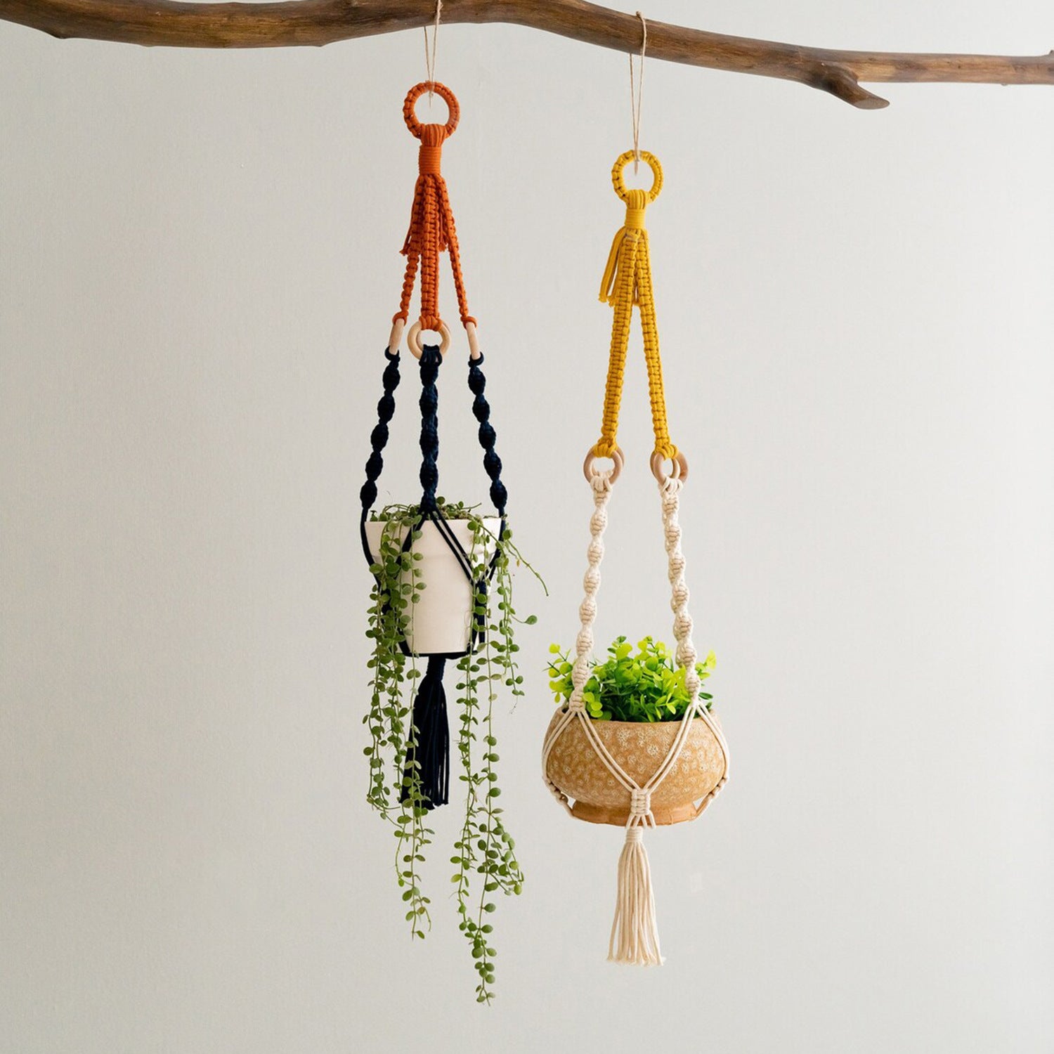 2 pcs Handwoven Plant Hanger-Cotton Rope Hanging Planter with Wooden Rings