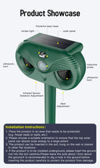 Black Advanced Solar Powered Ultrasonic Animal Repeller - Outdoor Pest Deterrent with Motion Sensor, Strobe Light & Laser
