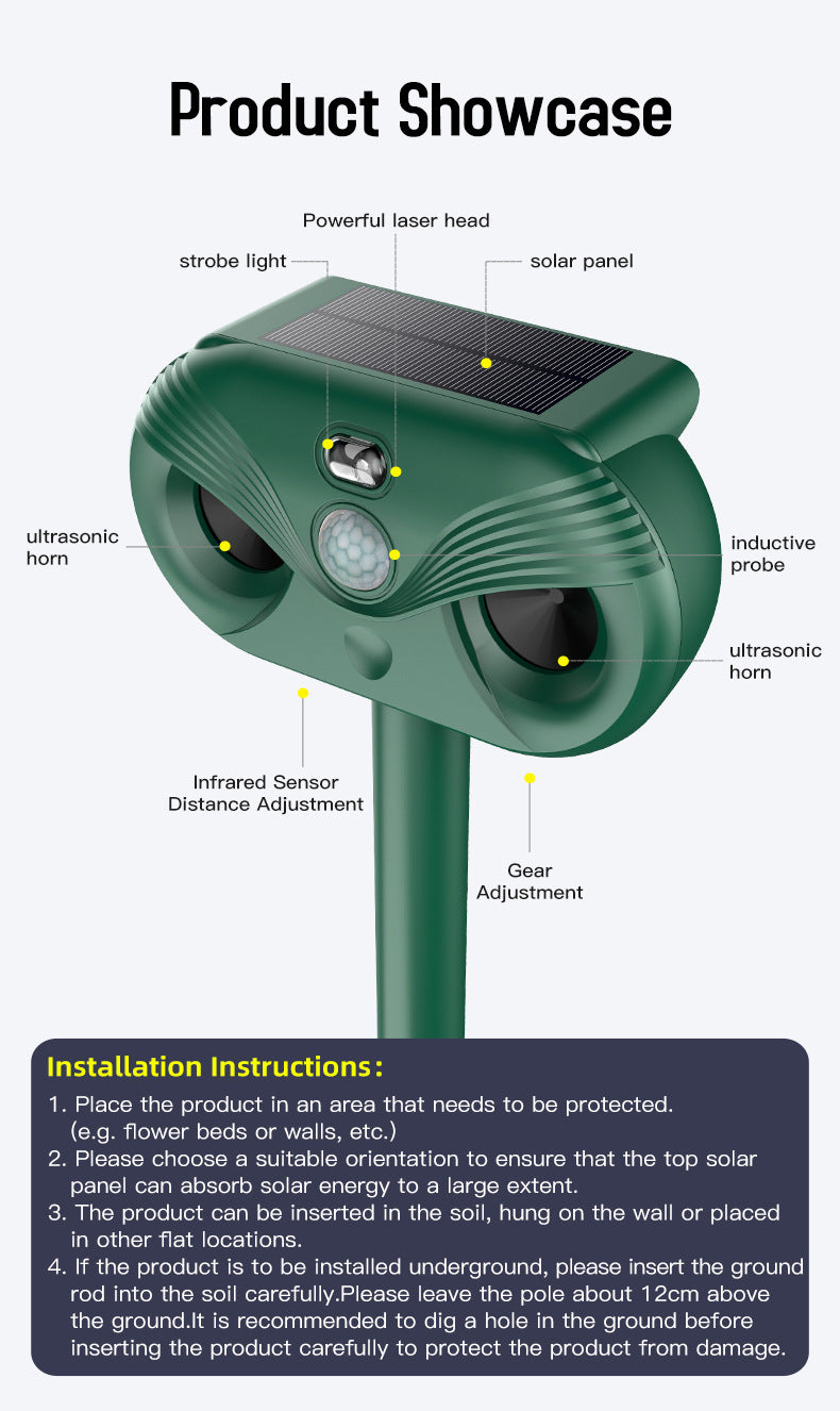 Black Advanced Solar Powered Ultrasonic Animal Repeller - Outdoor Pest Deterrent with Motion Sensor, Strobe Light & Laser