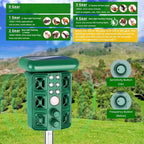 Green Solar Powered Ultrasonic Animal Repeller - Multi-Frequency Pest Deterrent with Motion Sensor, LED Strobe & Illumination Light