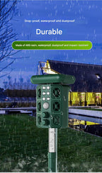 Green Solar Powered Ultrasonic Animal Repeller - Multi-Frequency Pest Deterrent with Motion Sensor, LED Strobe & Illumination Light