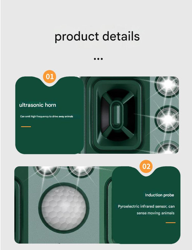 Green Solar Powered Ultrasonic Animal Repeller - Multi-Frequency Pest Deterrent with Motion Sensor, LED Strobe & Illumination Light