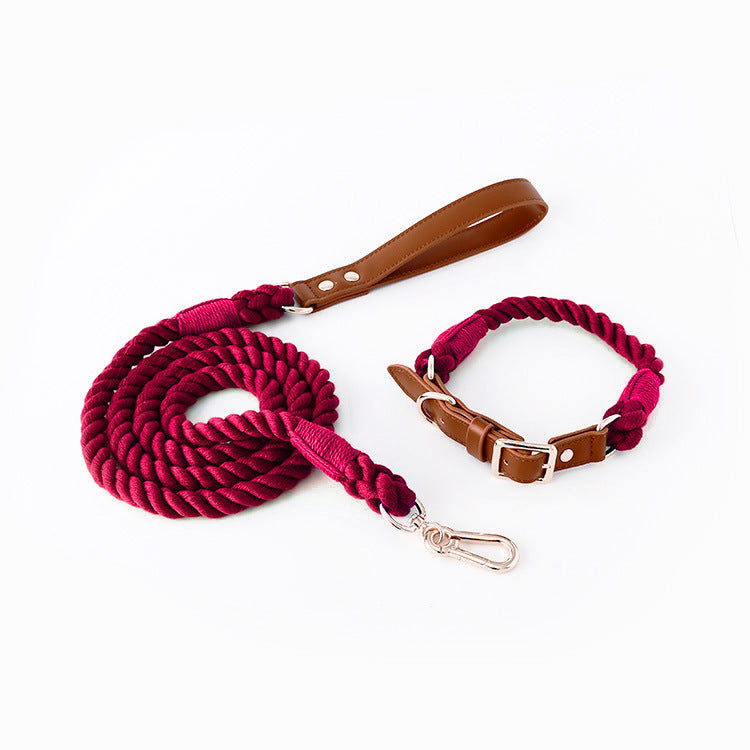 Premium Leather Pet Collar and Leash - Soft, Strong Braided Rope (Wine red - Size M)