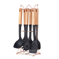 Black Elegant 7-Piece Silicone Kitchen Utensil Set with Wooden Handles & Rose Gold Stand - Non-Stick Cookware Safe