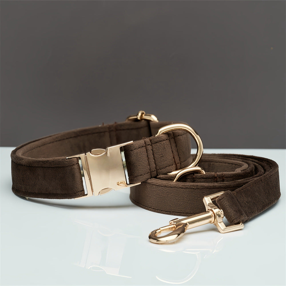 L Brown Luxury Velvet Pet Collar & Leash Set - Engravable Dog Collar with Gold Hardware
