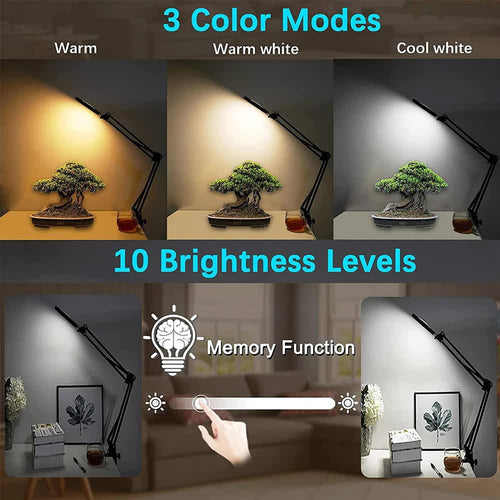 2-in-1 Black LED Magnifier Desk Lamp With Base and Clip - Hands-Free, Dimmable 3-Color Light for Crafts & Workbench