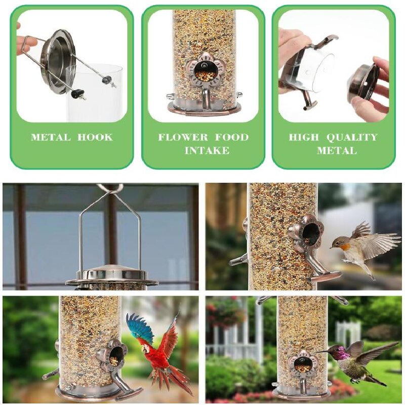 Hanging Metal Wild Bird Feeder Weatherproof Outdoor Garden Bird Food Dispenser with 4 Feeding Ports and Perches