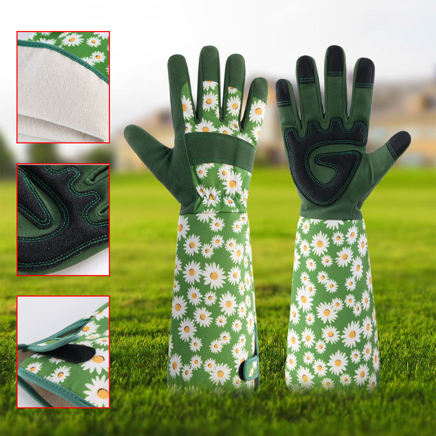 Green Long Gardening Gloves Thorn Proof Rose Pruning Gauntlets with Touchscreen Fingertips Breathable Forearm Protection Daisy Print